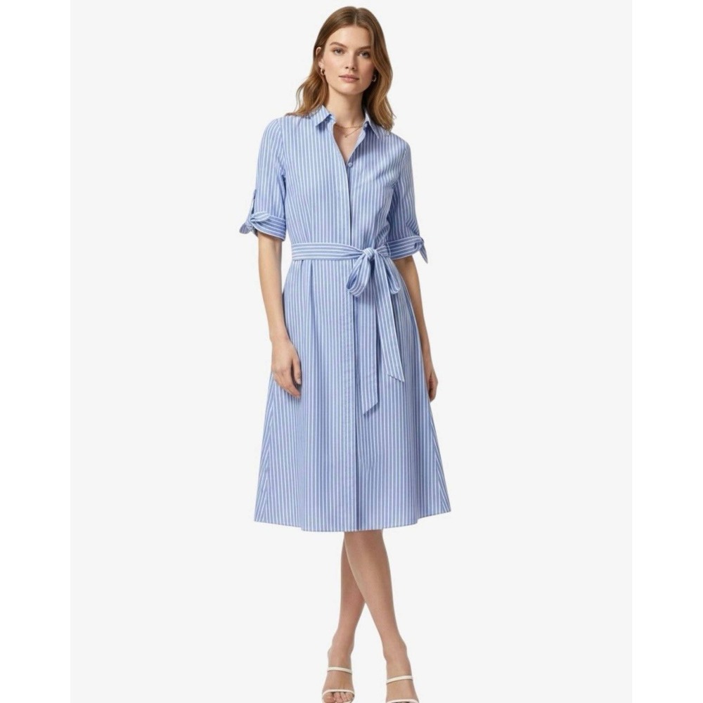 Calvin Klein Shirt Dress Women 8 Blue Striped Cotton Belted Short Sleeve Midi